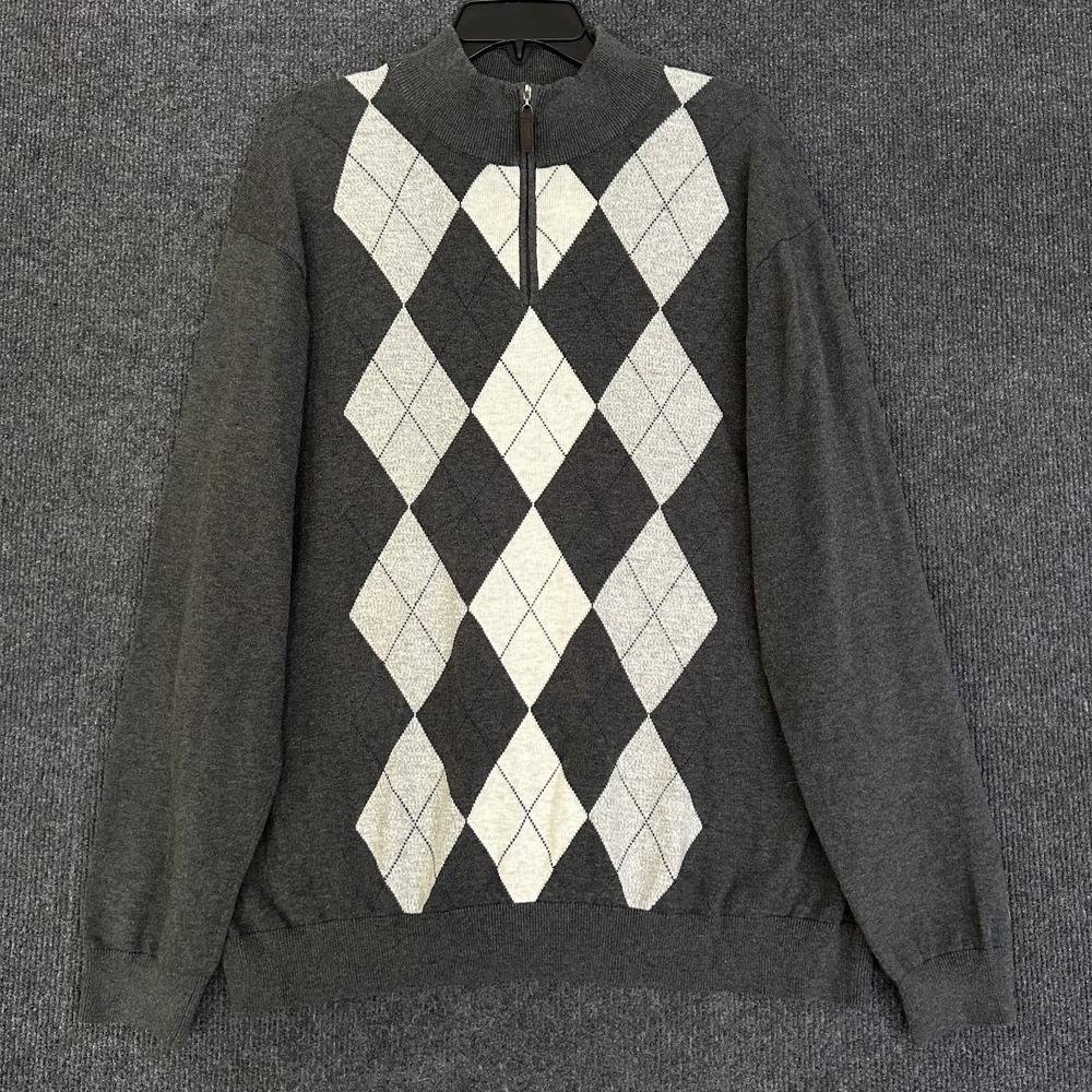 Tasso Elba Mens XXL Argyle Sweater Dark Gray LS Mock Neck 1/4 Zip Preppy Cotton - Picture 2 of 12